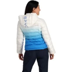 Spyder Women's Timeless Hoodie Down Jacket -Ski Equipment fw23 spyder womenstimelesshoodiedownjacket defrostcollegiate 2